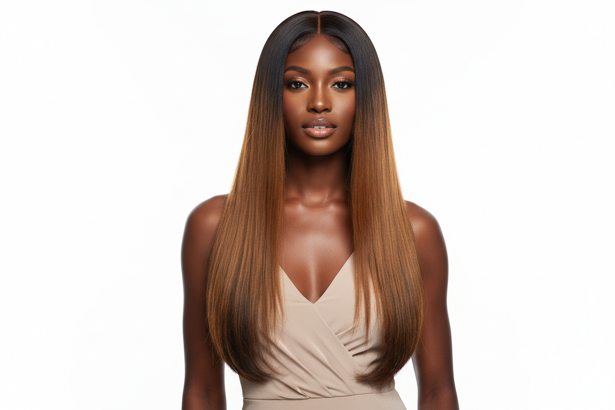 A premium image of a black model wearing Vietnamese SSD Bone Straight Hair ombre brown 